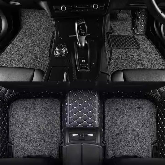 Faux Leather, Nylon 7D Car Floor Mats Compatible with Hyundai Alcazar 7 Seater (2021-2024), (Black with Beige Stitch)