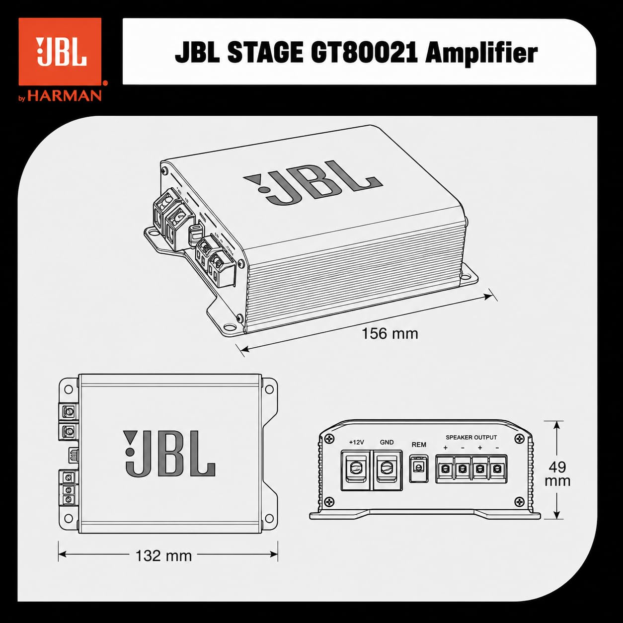 JBL Stage GT80021 2-Channel Car Amplifier | 800W Peak | 260W RMS Bridged | 130W RMS x2 @ 2 Ohm | Compact Class-D Amplifier
