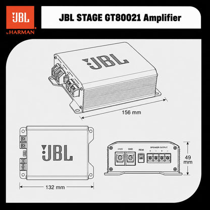 JBL Stage GT80021 2-Channel Car Amplifier | 800W Peak | 260W RMS Bridged | 130W RMS x2 @ 2 Ohm | Compact Class-D Amplifier