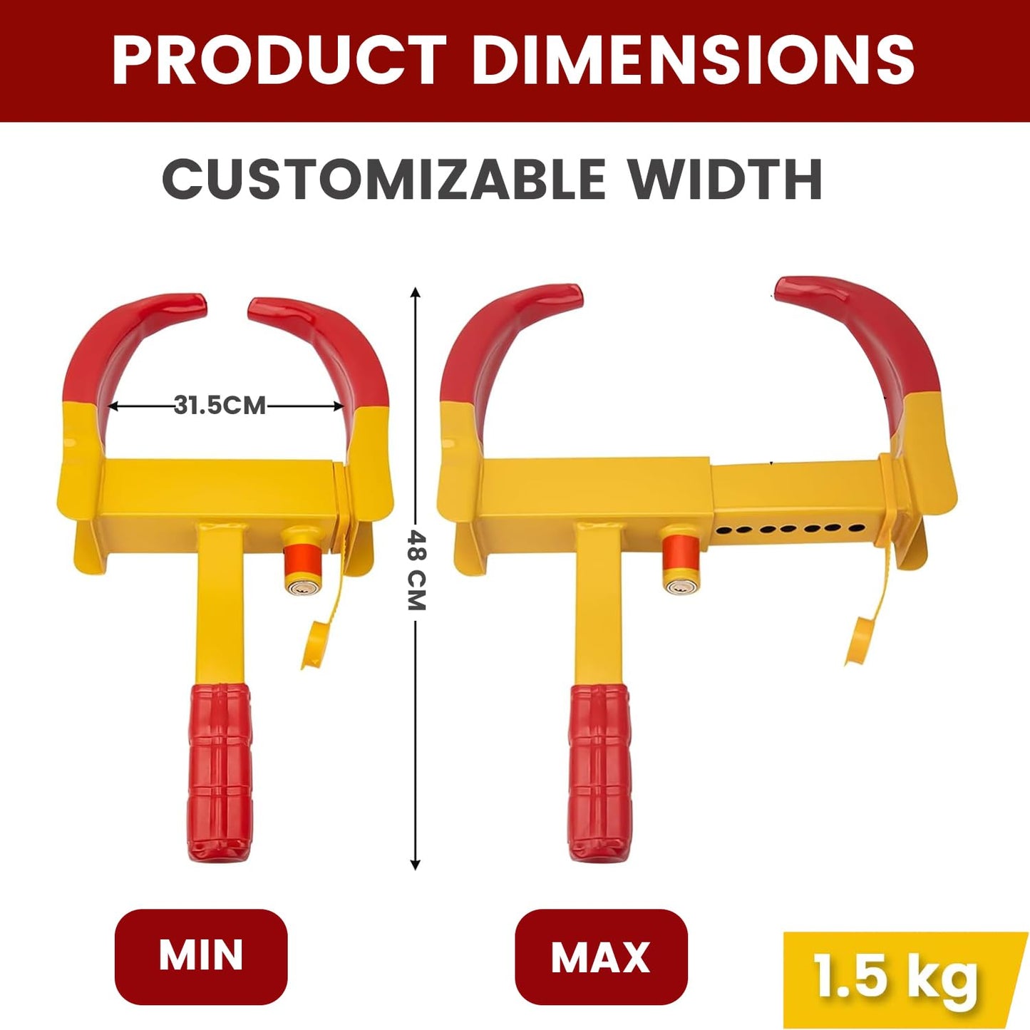 Anti Theft Security Car Wheel Lock Clamp Anti-Theft Towing Parking Boot Tire Claw Adjustable with Two Keys, RED & Yellow
