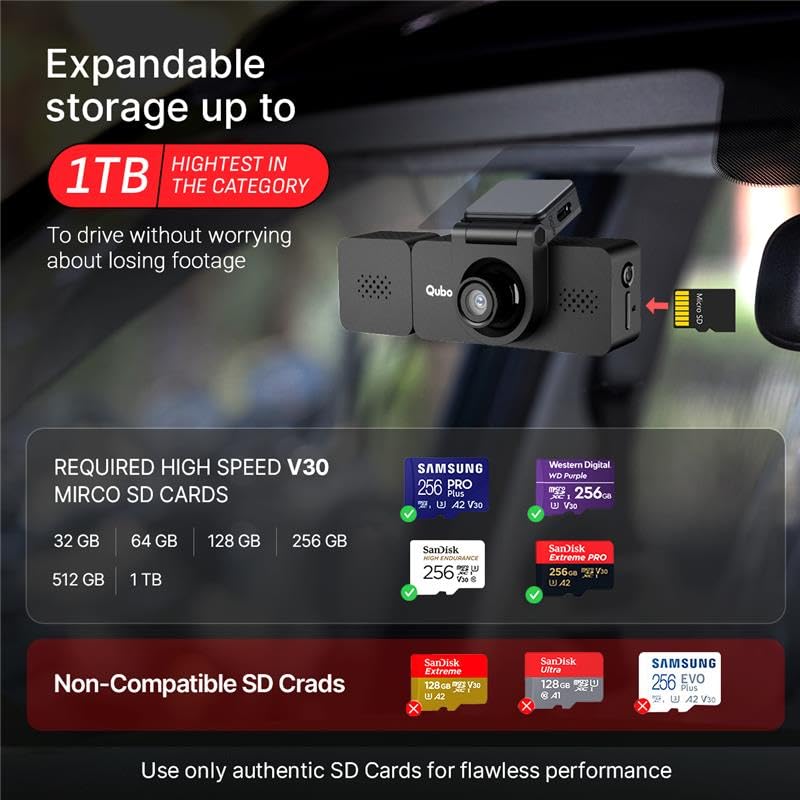 Qubo 3-Channel Dashcam Trio by Hero Group (Front + Rear + Cabin Camera) | 2K QHD | Wi-Fi + GPS