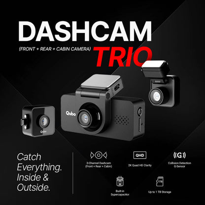 Qubo 3-Channel Dashcam Trio by Hero Group (Front + Rear + Cabin Camera) | 2K QHD | Wi-Fi + GPS