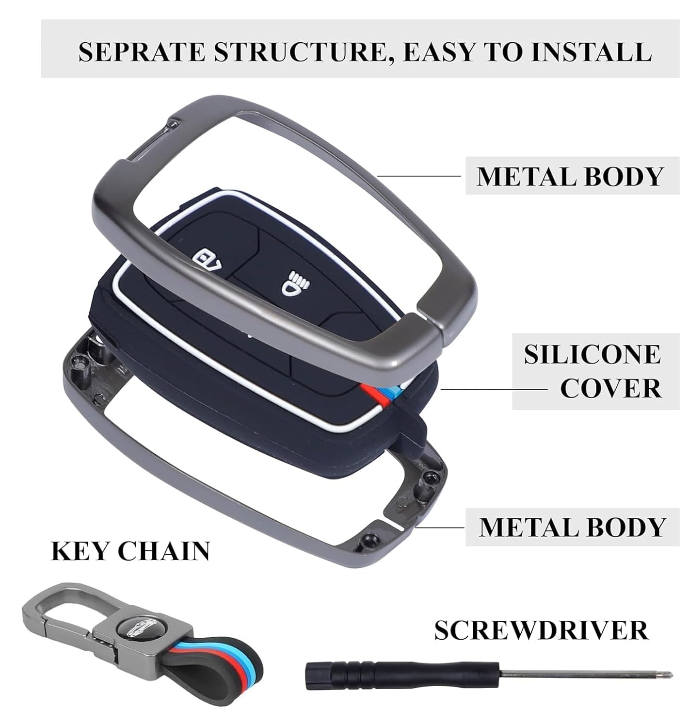 Metal Key Cover for Tata Car , 4-Button Smart Key Case with Metal Body and Keychain, Compatible with Nexon, Harrier, Safari, Punch, Altroz, Curvv, EV Models