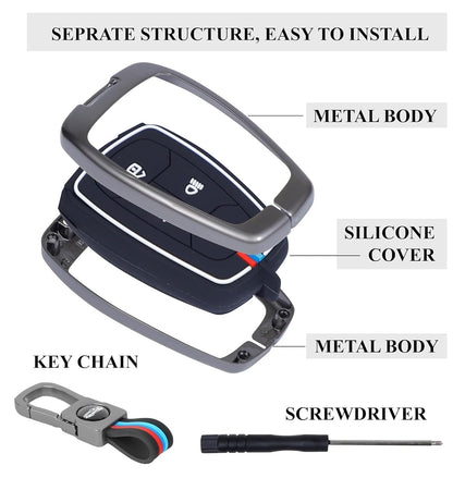 Metal Key Cover for Tata Car , 4-Button Smart Key Case with Metal Body and Keychain, Compatible with Nexon, Harrier, Safari, Punch, Altroz, Curvv, EV Models