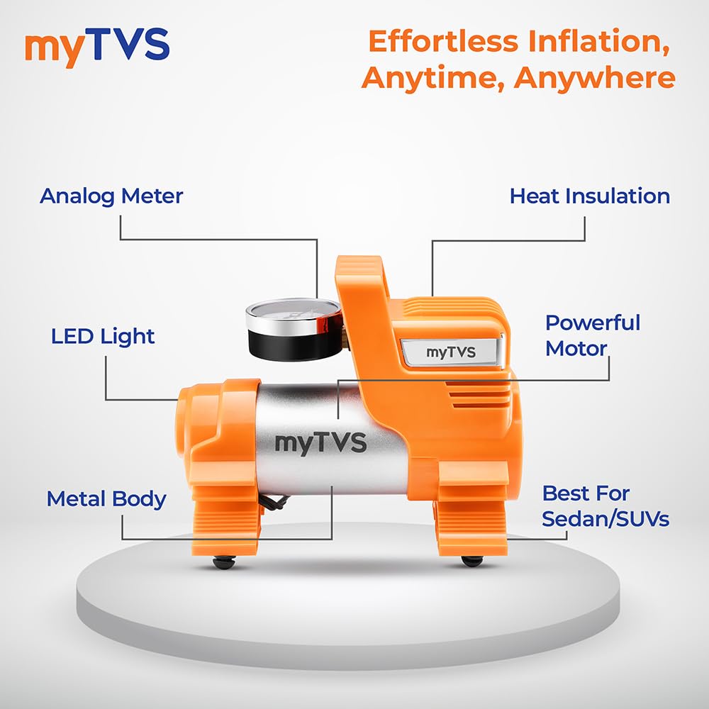 myTVS Car Tyre Inflator | 100 Psi, 12V DC | Air Pump for Car tyre | Portable Tyre Inflator for Cars with LED Torch