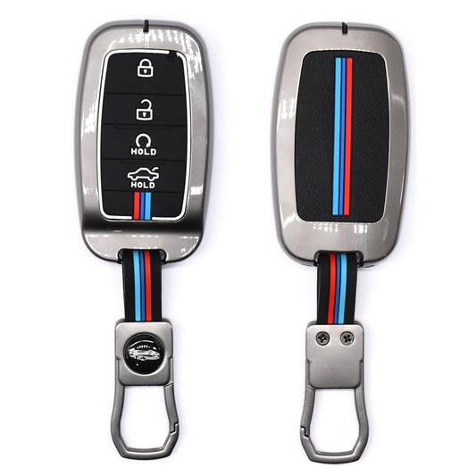 Premium Key Cover Case for Kia Sonet, Seltos 2020, Carens, 4-Button Smart Key, Metal Shell with Silicone Protection
