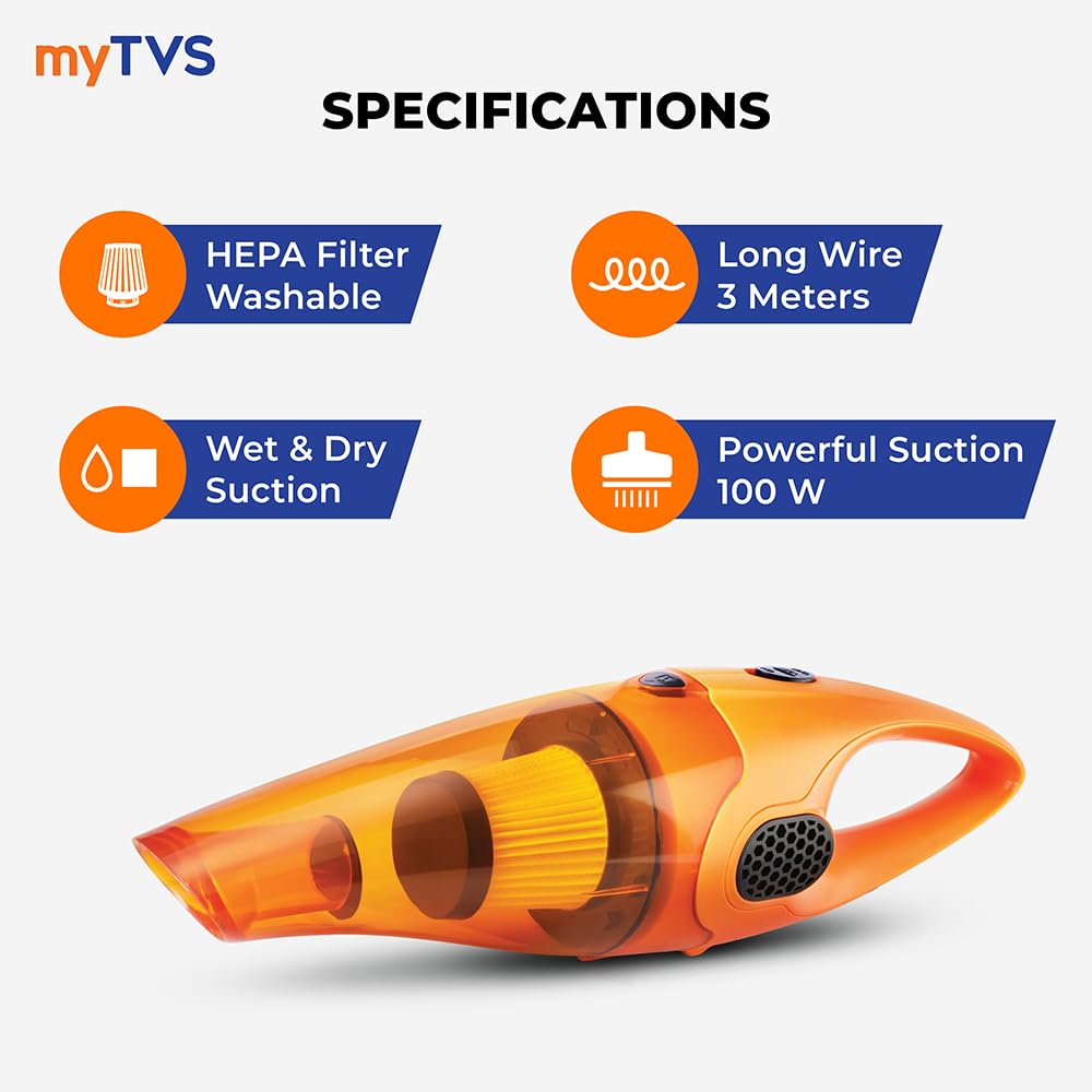 myTVS High-Power Car Vacuum Cleaner | 100W Powerful Suction | 12V DC Portable Handheld Vacuum | Wet & Dry Cleaning | Washable HEPA Filter | Multiple Accessories for Deep Cleaning