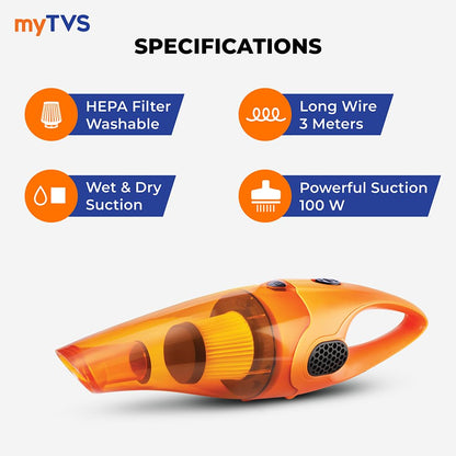 myTVS High-Power Car Vacuum Cleaner | 100W Powerful Suction | 12V DC Portable Handheld Vacuum | Wet & Dry Cleaning | Washable HEPA Filter | Multiple Accessories for Deep Cleaning