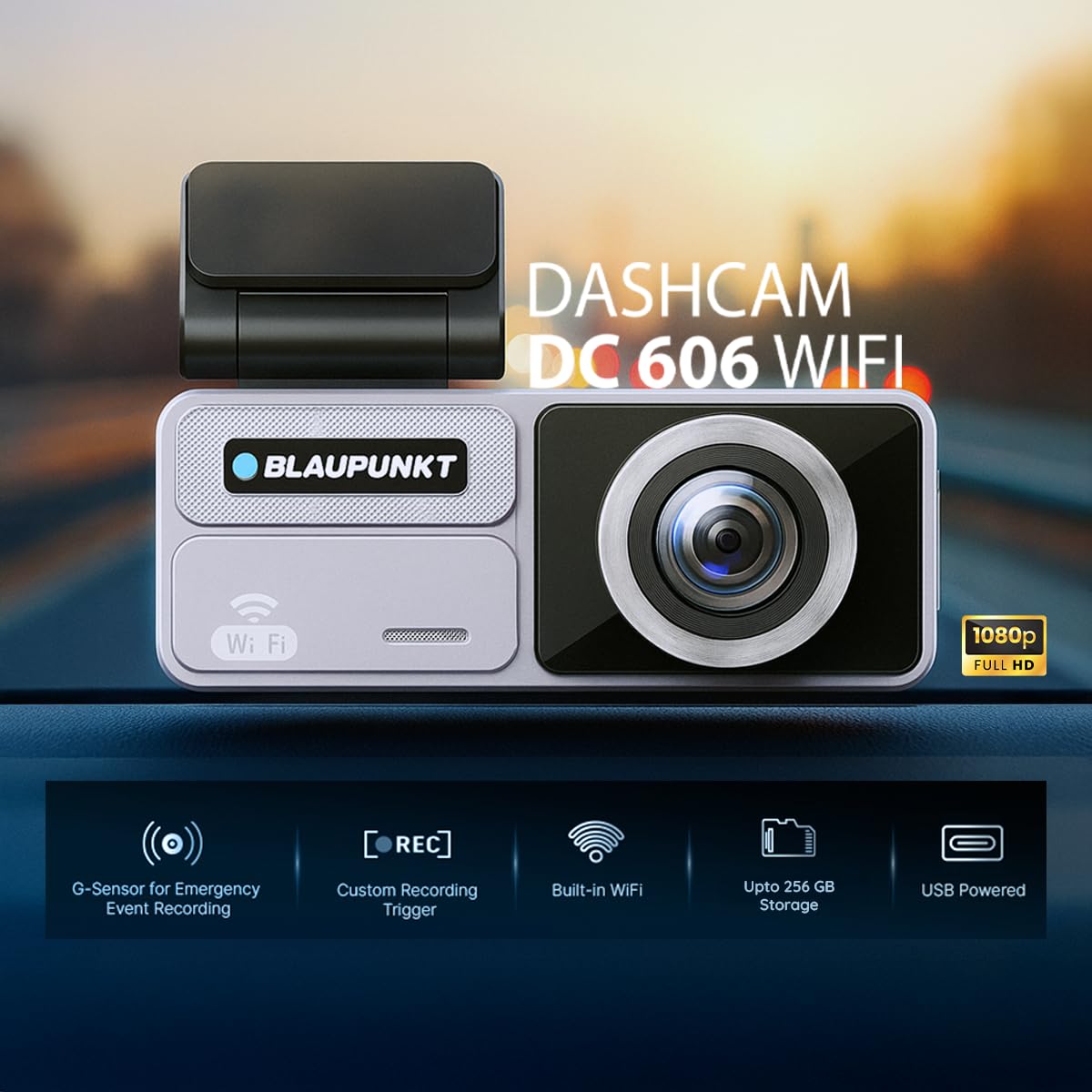 Blaupunkt DC 606 WiFi Dashcam for Car – Full HD 1080p, Wide-Angle, G-Sensor, Loop Recording, Parking Monitor, App Support – SD Card Not Included