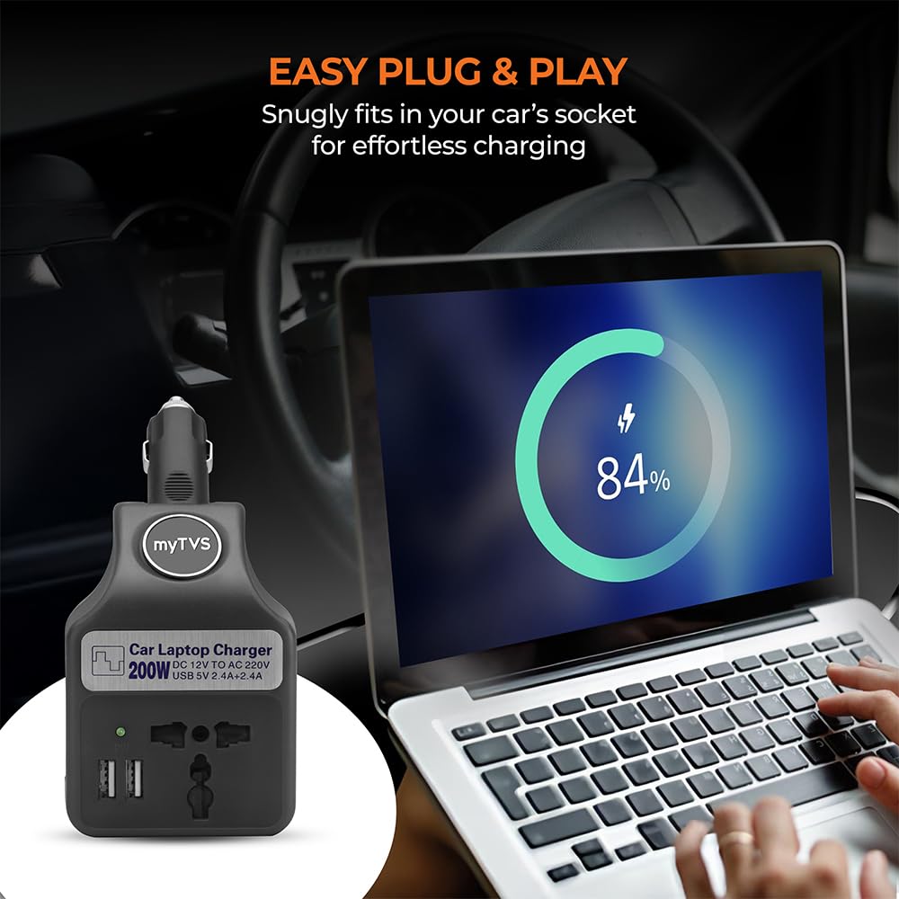 myTVS 200W Car Laptop and Mobile Charger | Power Inverter DC to AC Converter| Portable Car Charger with 2 Years Warranty| 3 in 1 Charger | Fast Charging