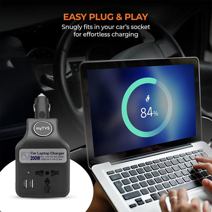 myTVS 200W Car Laptop and Mobile Charger | Power Inverter DC to AC Converter| Portable Car Charger with 2 Years Warranty| 3 in 1 Charger | Fast Charging