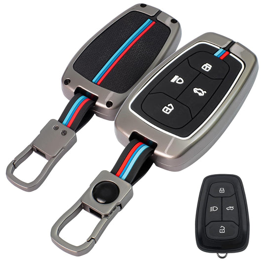 Metal Key Cover for Tata Car , 4-Button Smart Key Case with Metal Body and Keychain, Compatible with Nexon, Harrier, Safari, Punch, Altroz, Curvv, EV Models
