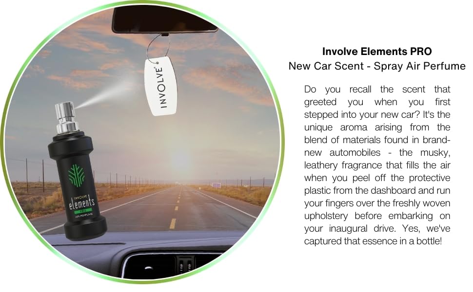 Involve your senses Elements Pro-New Car Scent - 30 ml | Strong Leather Car Scent Spray With Hanging Card|200 + Sprays | car perfumes and fresheners