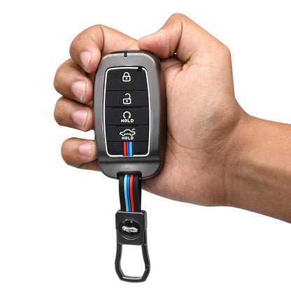 Premium Key Cover Case for Kia Sonet, Seltos 2020, Carens, 4-Button Smart Key, Metal Shell with Silicone Protection