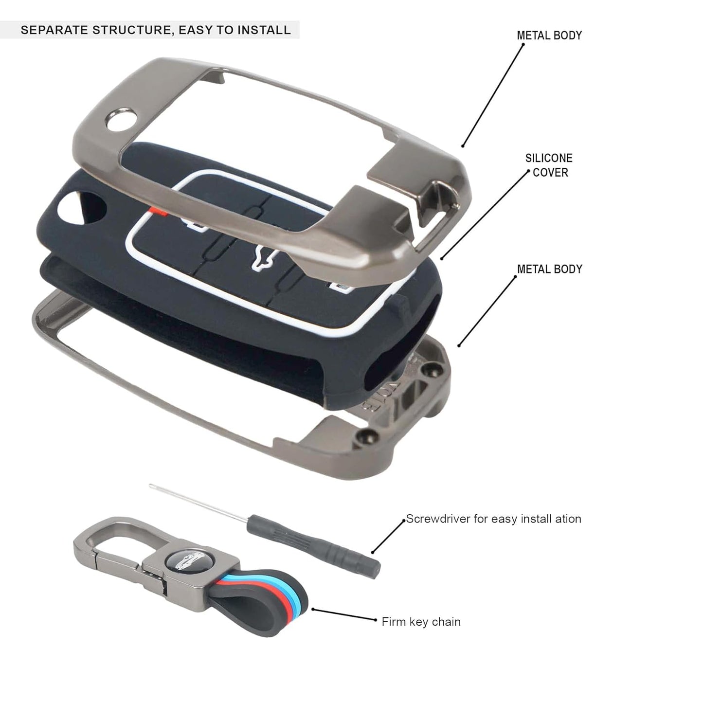 Metal Key Cover for Skoda and Volkswagen - Polo | Vento | Jetta | Ameo | Passat and Skoda Rapid | Laura | Superb | Octavia Fabia | Yeti 3 Button Flip Key