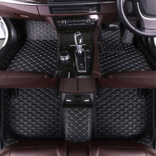 Faux Leather, Nylon 7D Car Floor Mats Compatible with Hyundai Alcazar 6 Seater (2019-2025), (Black with Beige Stitch)