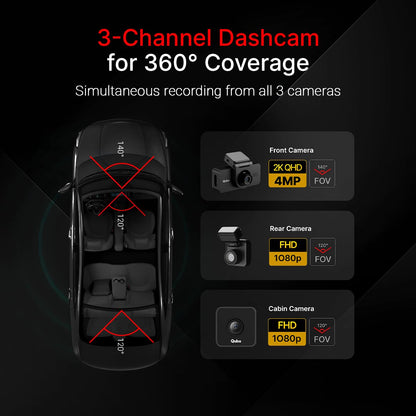 Qubo 3-Channel Dashcam Trio by Hero Group (Front + Rear + Cabin Camera) | 2K QHD | Wi-Fi + GPS