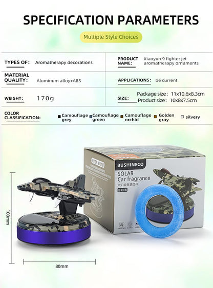 Solar Car Air Freshener, Fighter Jet Design, Camouflage Pattern, Aluminium Alloy Construction, Natural Fragrance Diffuser | Runs without battery