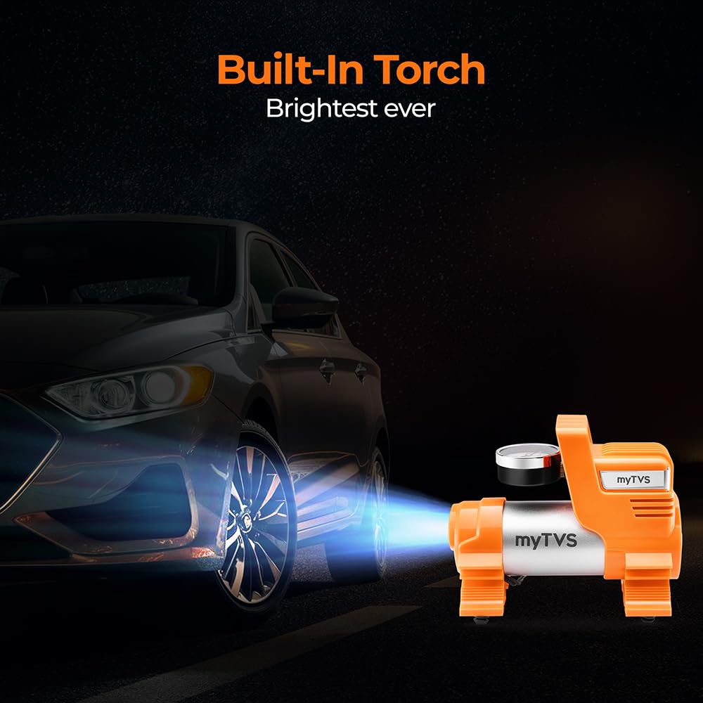 myTVS Car Tyre Inflator | 100 Psi, 12V DC | Air Pump for Car tyre | Portable Tyre Inflator for Cars with LED Torch