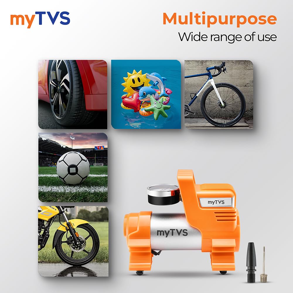 myTVS Car Tyre Inflator | 100 Psi, 12V DC | Air Pump for Car tyre | Portable Tyre Inflator for Cars with LED Torch