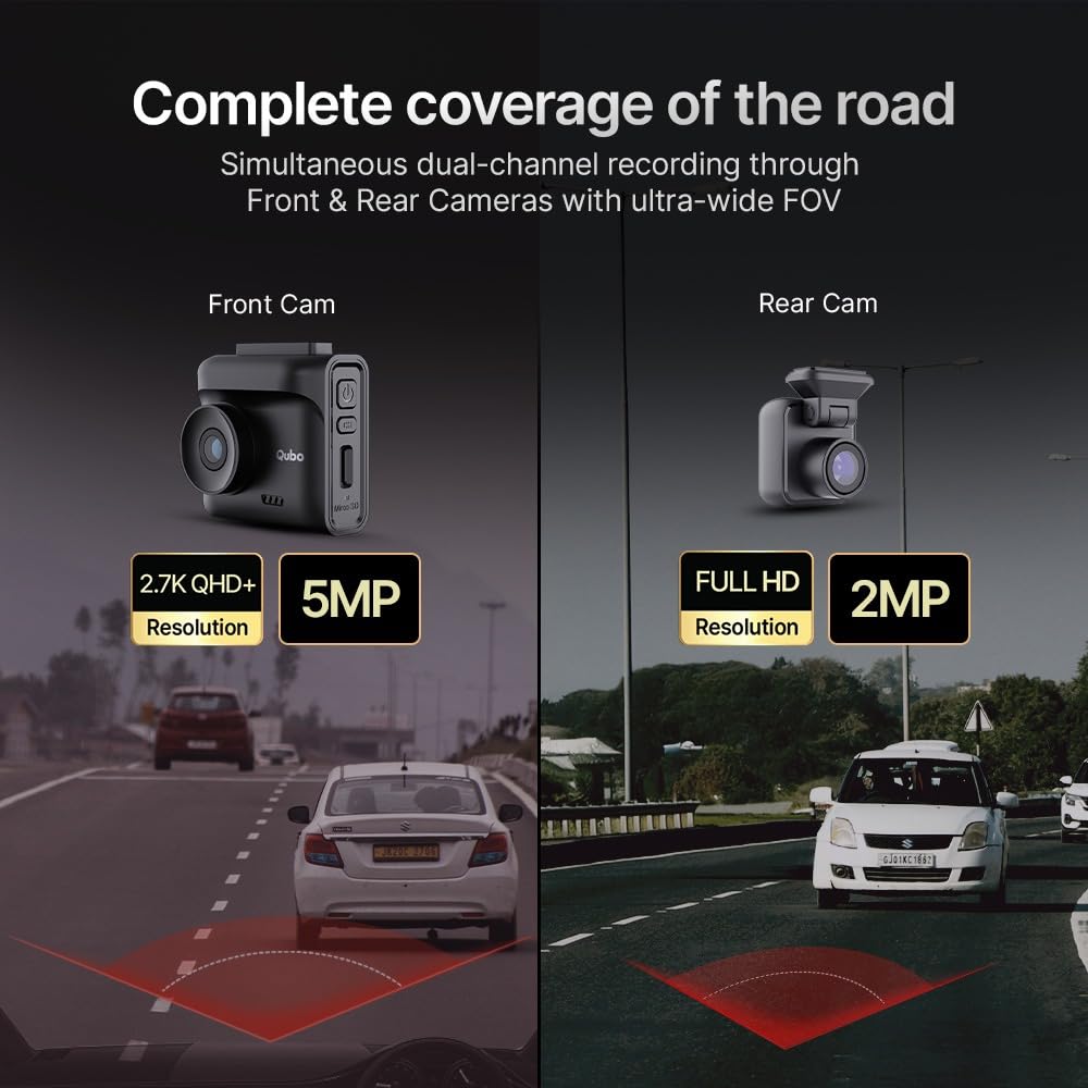 Qubo Car Dashcam Pro 2.7K Dual Channel | Front + Rear Camera | GPS + Wi-Fi | Hero Group