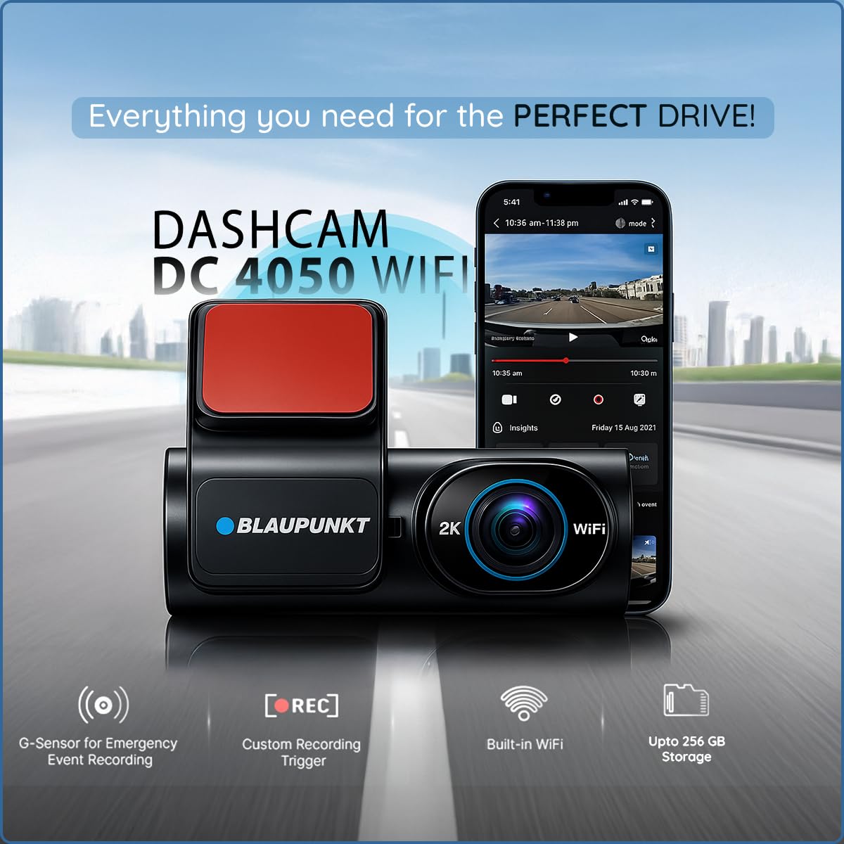 Blaupunkt Dashcam-DC 4050 WiFi Dual Camera 2K +1080P,Dual Port Charger,Dashboard Mount,G Sensor,256GB SD Card Capability,Mobile APP,140° Wide Angle View,Built-in Mic
