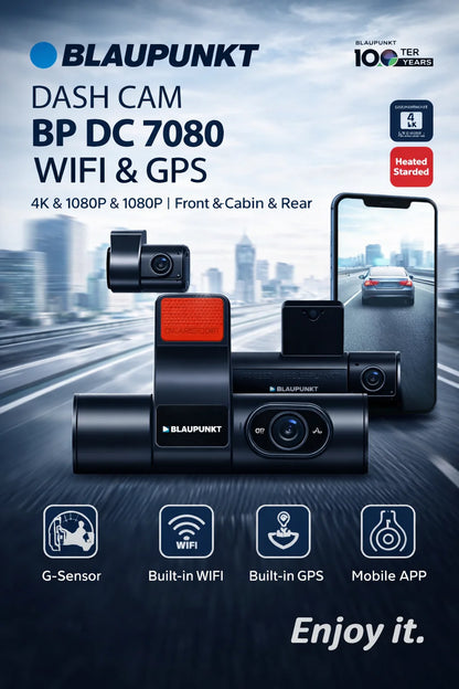 Blaupunkt BP DC 7080 Dash Camera | 4K Ultra HD Front + Dual 1080p | Triple Channel WiFi & GPS Dashcam | Sony STARVIS Sensor