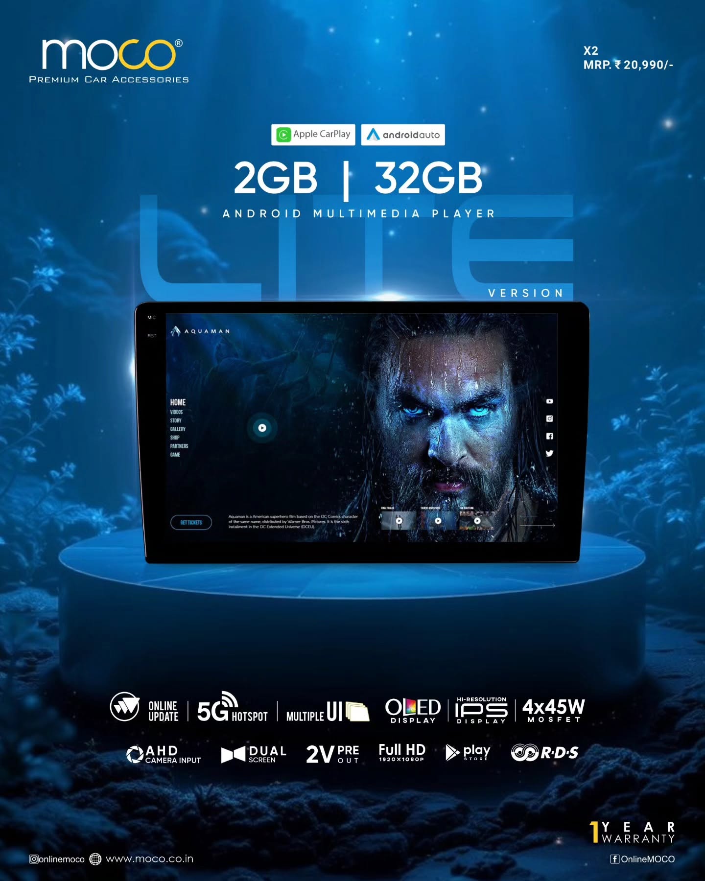 MOCO X3 Android Stereo | 2GB RAM + 64GB Storage | Wireless Apple CarPlay & Android Auto | 9-Inch HD Touchscreen