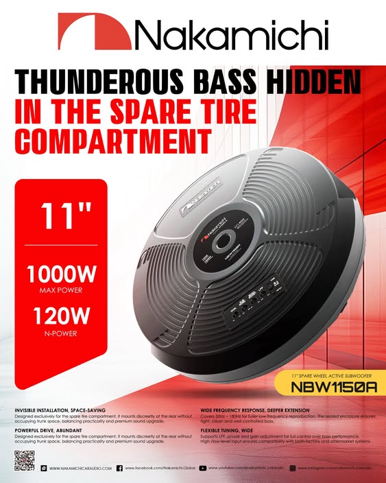 Nakamichi NBW1150A Spare Wheel Active Subwoofer with Built-in Amplifier | 11 Inch | 1000W Max Power