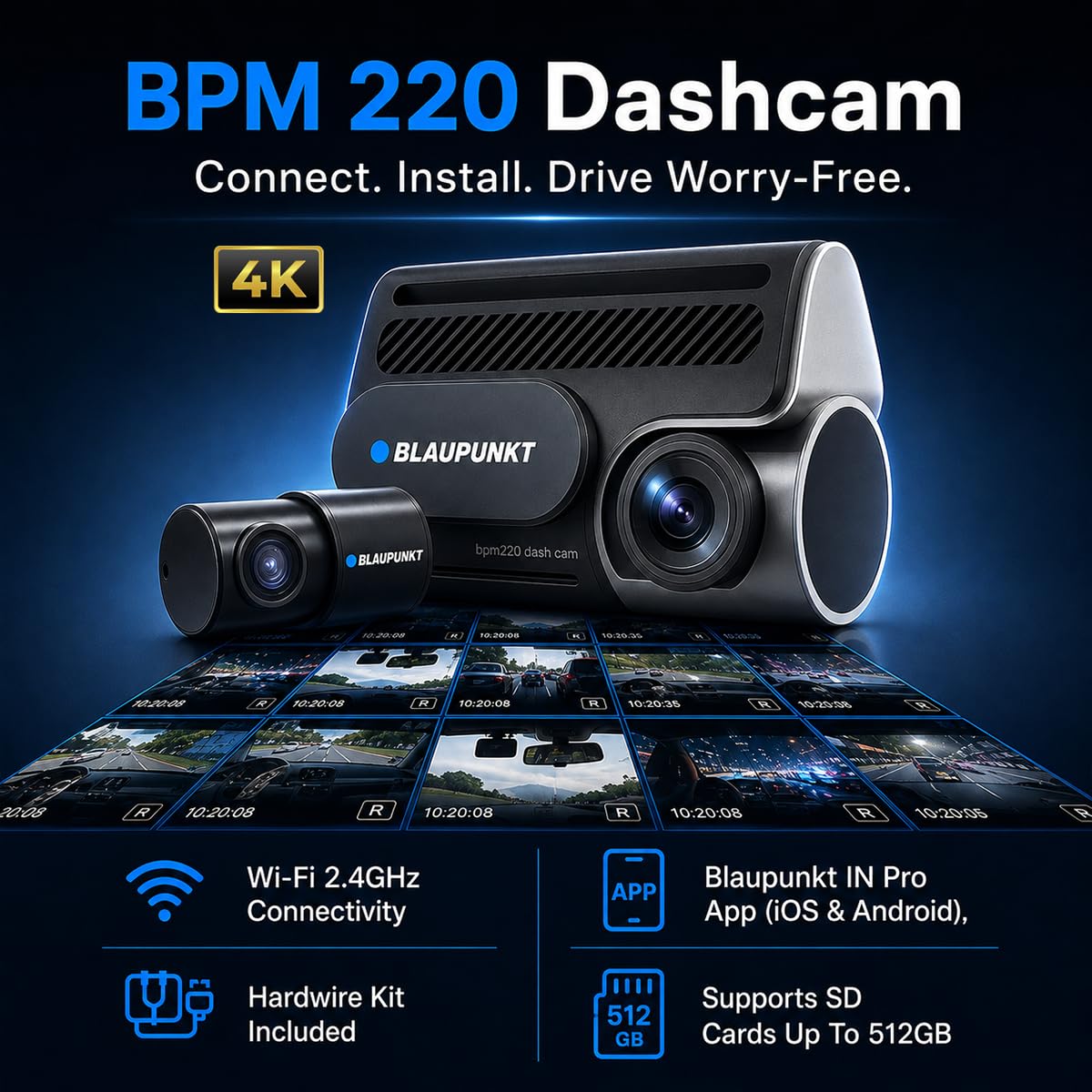 Blaupunkt BPM 220 Smartchoice Dual Channel Dash Cam | 4K Front + 1080P Rear | WiFi App Control | 24-Hr Parking Monitor