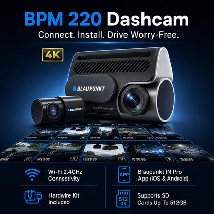 Blaupunkt BPM 220 Smartchoice Dual Channel Dash Cam | 4K Front + 1080P Rear | WiFi App Control | 24-Hr Parking Monitor