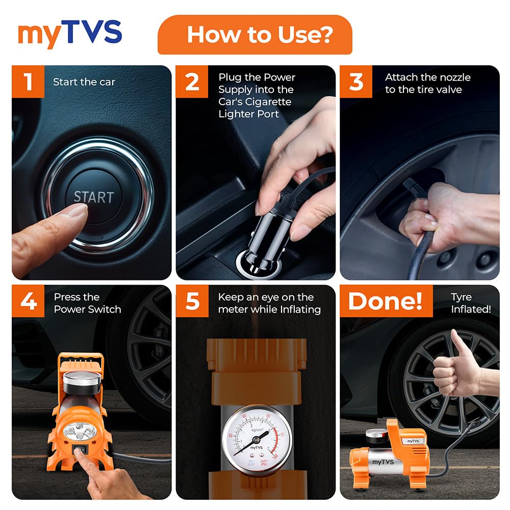 myTVS Car Tyre Inflator | 100 Psi, 12V DC | Air Pump for Car tyre | Portable Tyre Inflator for Cars with LED Torch