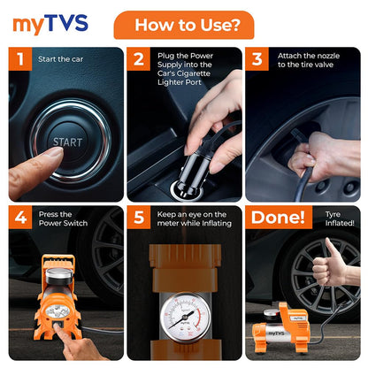 myTVS Car Tyre Inflator | 100 Psi, 12V DC | Air Pump for Car tyre | Portable Tyre Inflator for Cars with LED Torch