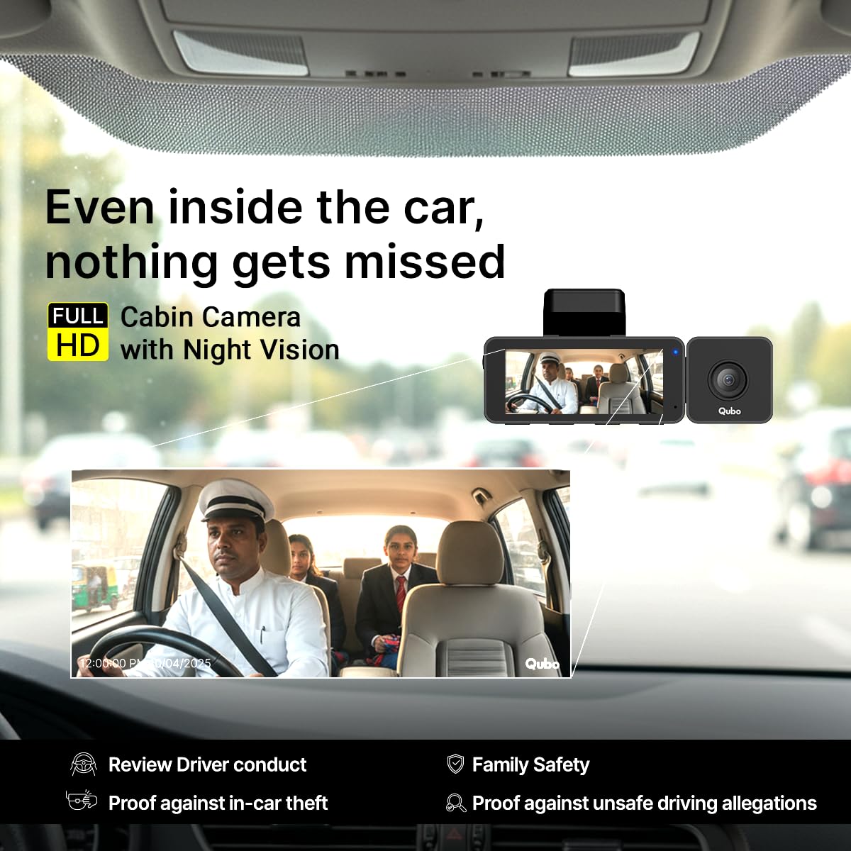 Qubo 3-Channel Dashcam Trio by Hero Group (Front + Rear + Cabin Camera) | 2K QHD | Wi-Fi + GPS