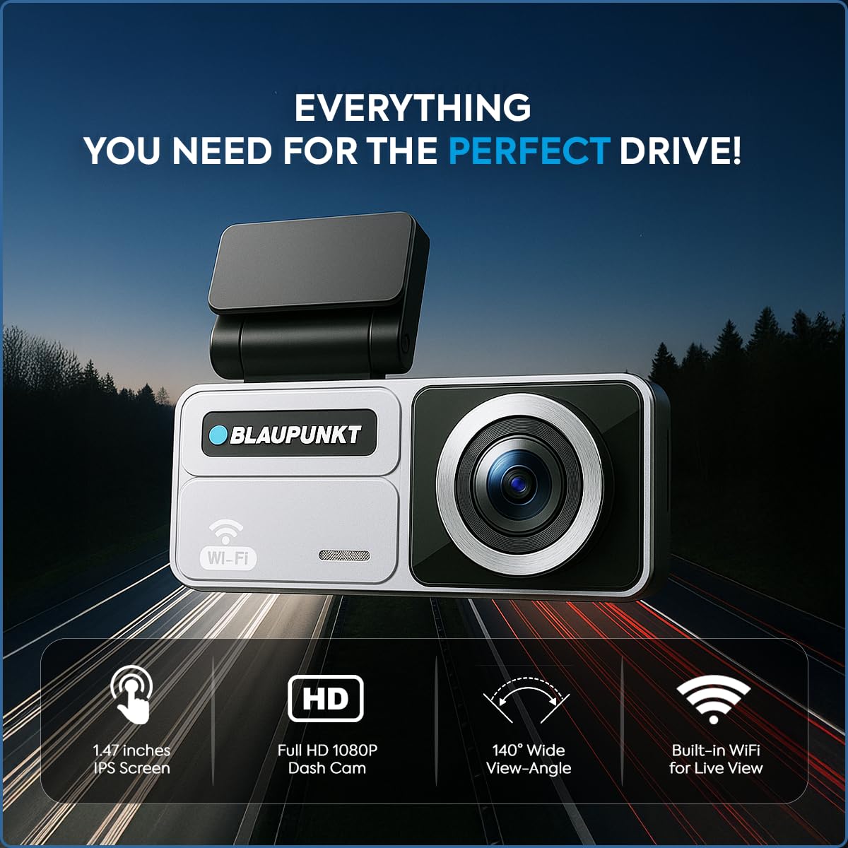 Blaupunkt DC 606 WiFi Dashcam for Car – Full HD 1080p, Wide-Angle, G-Sensor, Loop Recording, Parking Monitor, App Support – SD Card Not Included