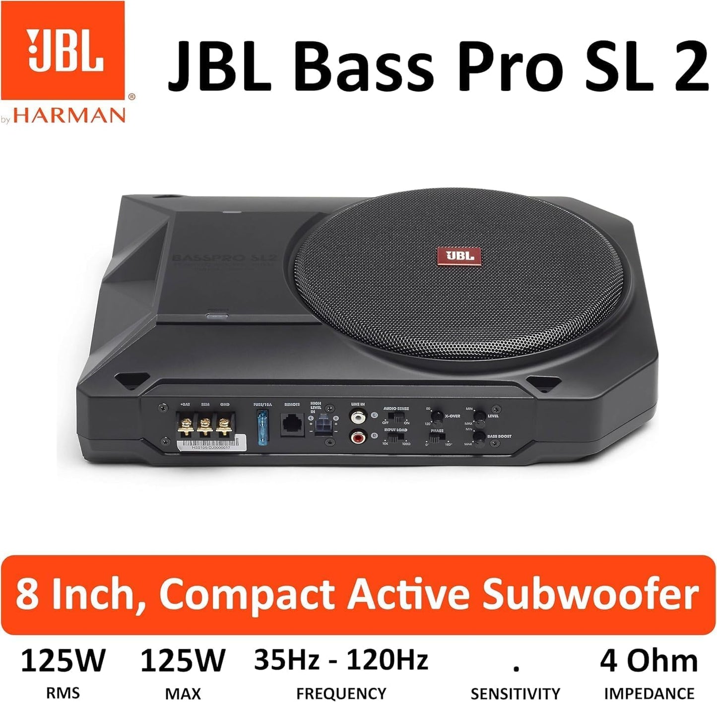 JBL BassPro SL2 Active Underseat Car Subwoofer with Built-in Amplifier | 8" Powered Subwoofer | 125W RMS