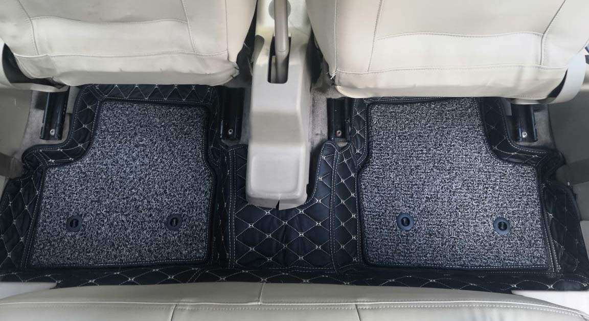 Faux Leather, Nylon 7D Car Floor Mats Compatible with TATA Safari 7 Seater (2021-2022), (Black with Grey Stitch)