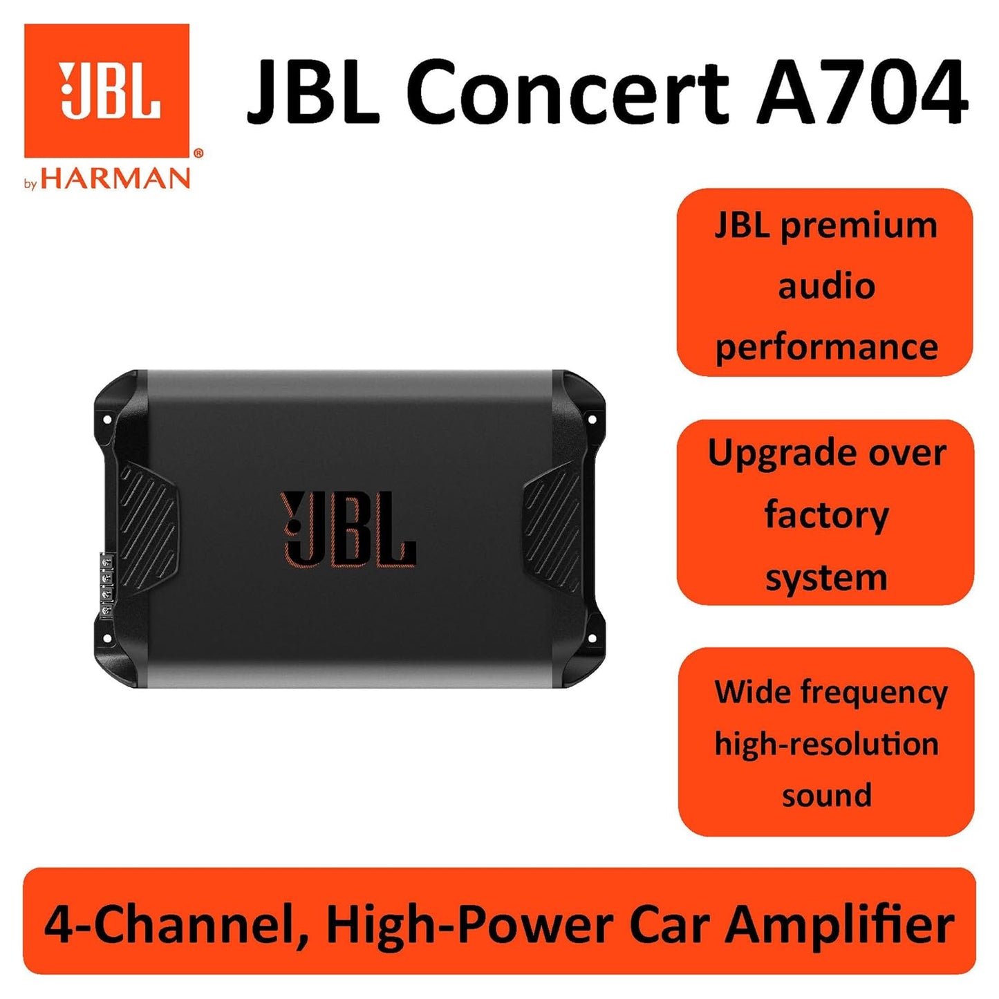 JBL Concert A704 – 1000W 4-Channel Compact Amplifier | Adjustable HPF/LPF | Auto Turn-On | Compatible with Speakers, Tube Subwoofers & Subwoofers