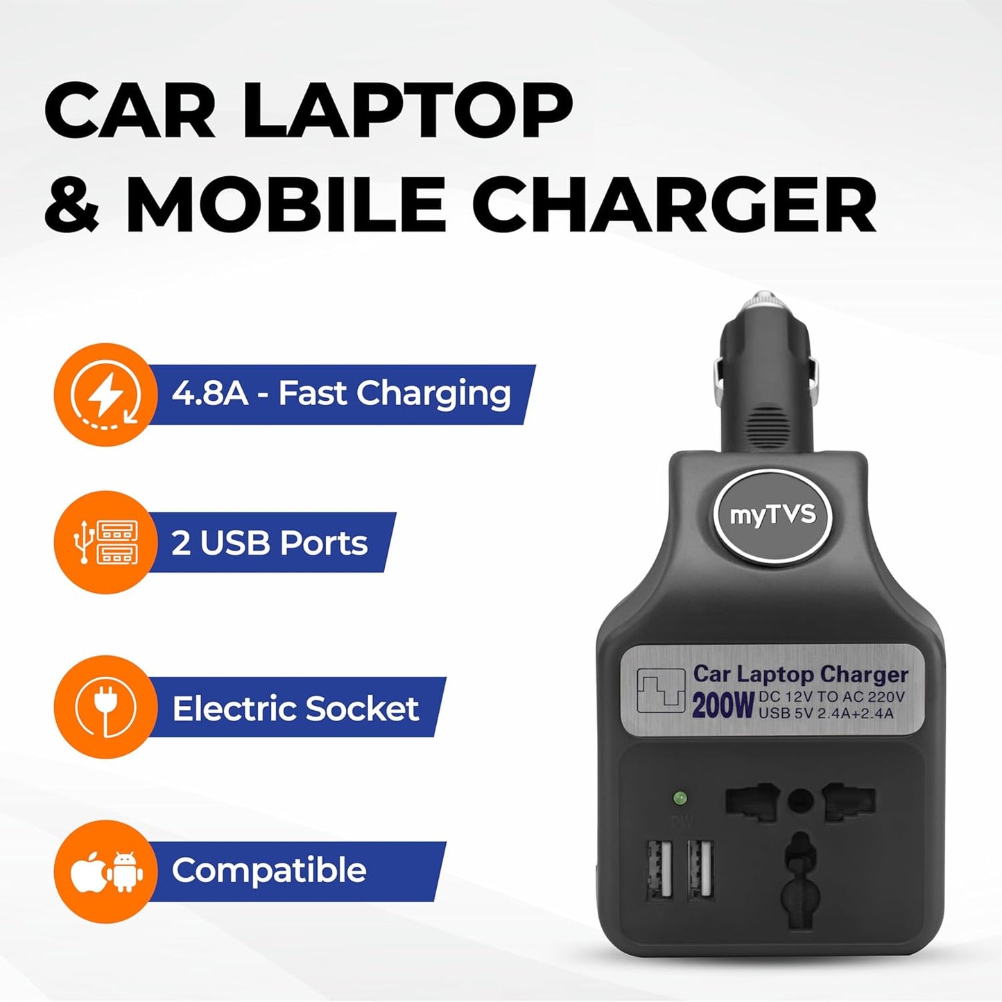 myTVS 200W Car Laptop and Mobile Charger | Power Inverter DC to AC Converter| Portable Car Charger with 2 Years Warranty| 3 in 1 Charger | Fast Charging