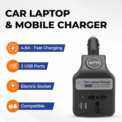 myTVS 200W Car Laptop and Mobile Charger | Power Inverter DC to AC Converter| Portable Car Charger with 2 Years Warranty| 3 in 1 Charger | Fast Charging