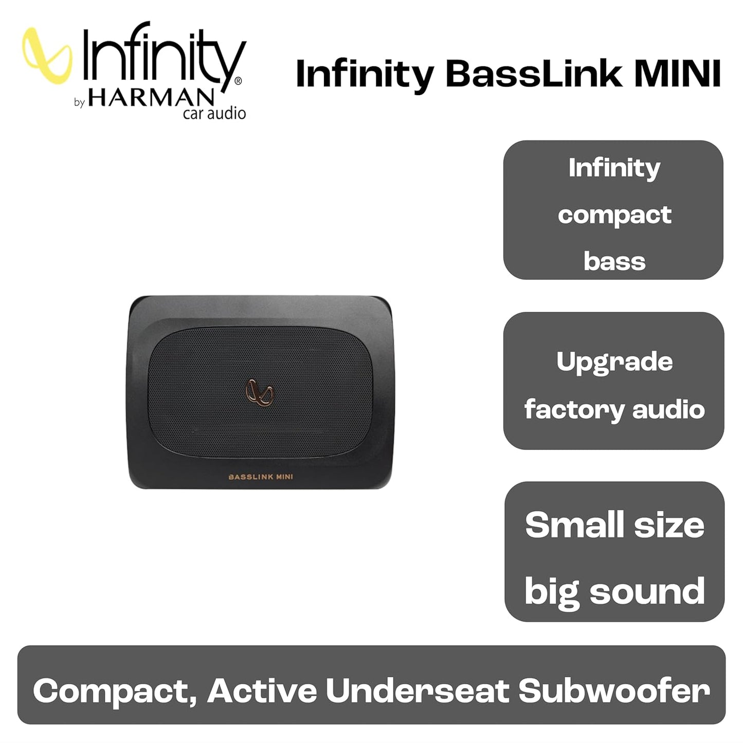 Infinity BassLink Mini Underseat Active Subwoofer | 200W Max Power | Compact Powered Bass System