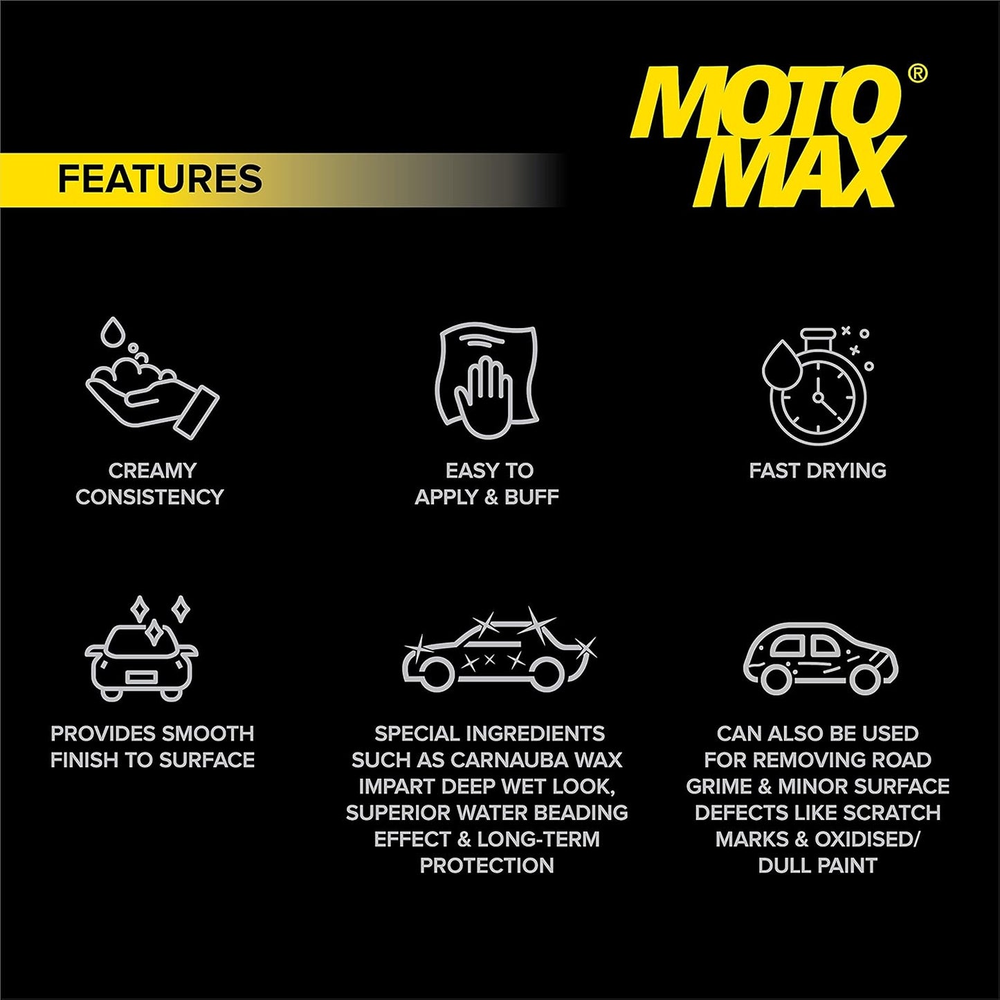 Motomax Bike & Car Cream Polish 230gm | Carnuba Wax & Micro Polishing Agents with Sponge. Protects & Shines Cars, Bike, Motorcycle, Water Repellent Polish for Auto Care needs, Removes Minor scratches