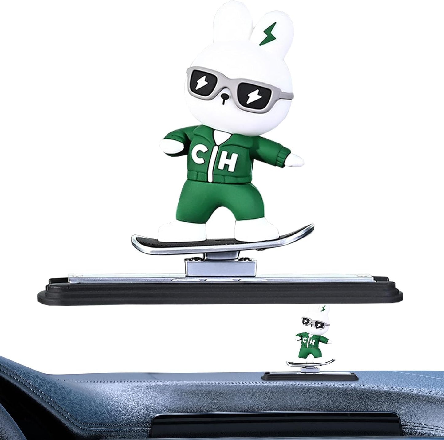Car Dashboard Decorative Skateboarding Bunny Figure, 9 cm Height, Green and White