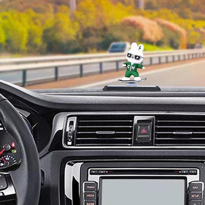 Car Dashboard Decorative Skateboarding Bunny Figure, 9 cm Height, Green and White