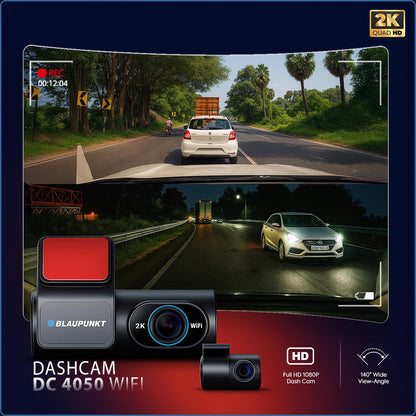 Blaupunkt Dashcam-DC 4050 WiFi Dual Camera 2K +1080P,Dual Port Charger,Dashboard Mount,G Sensor,256GB SD Card Capability,Mobile APP,140° Wide Angle View,Built-in Mic