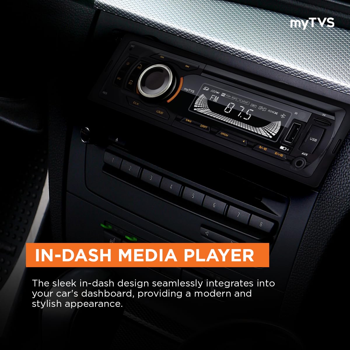 myTVS Universal Single DIN MP3 Media Player for All Cars | Car Music Player with Bluetooth| Car Stereo System (Music & Charging), AUX in, FM, Hands Free Calling & Remote Control