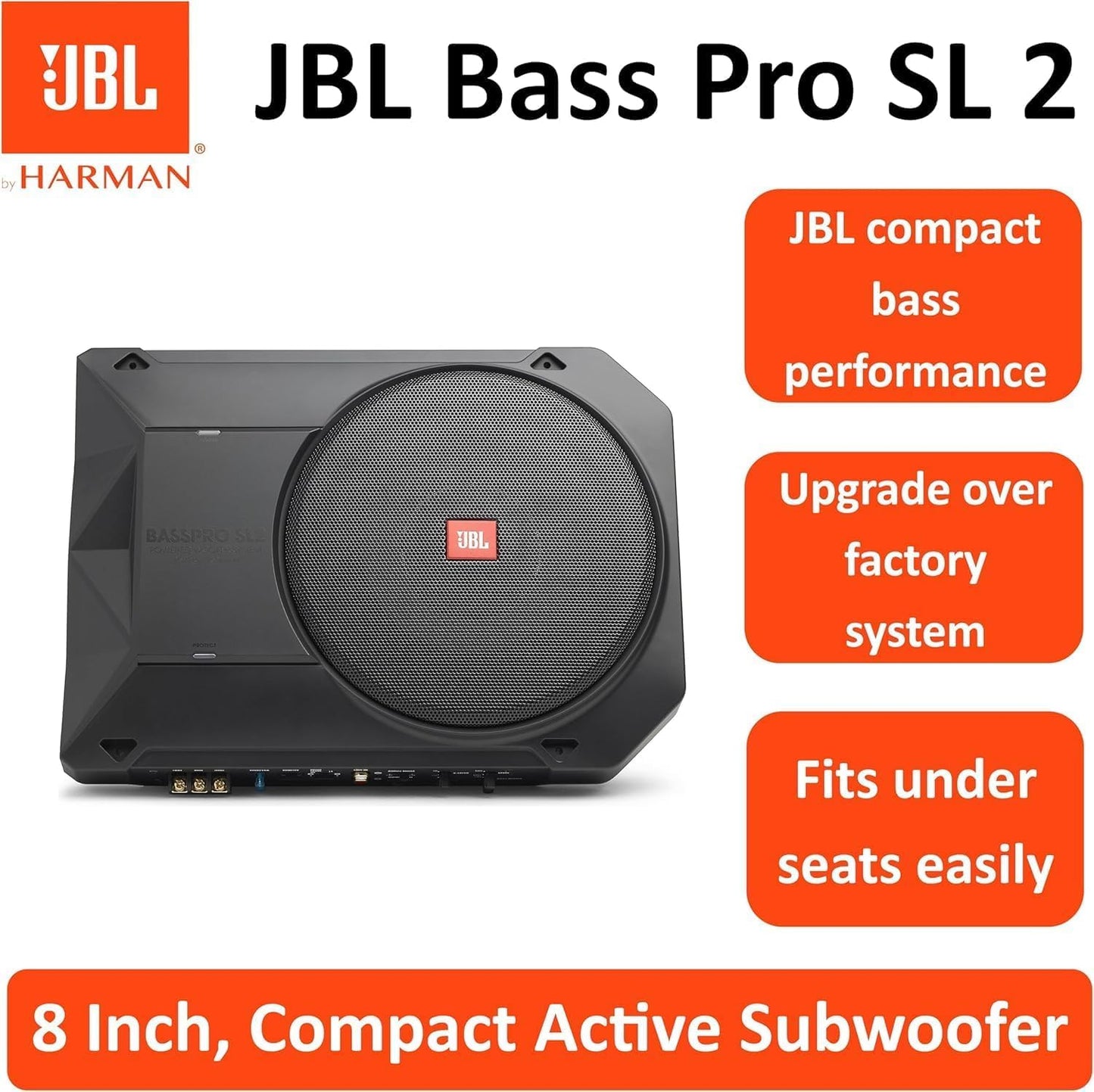 JBL BassPro SL2 Active Underseat Car Subwoofer with Built-in Amplifier | 8" Powered Subwoofer | 125W RMS