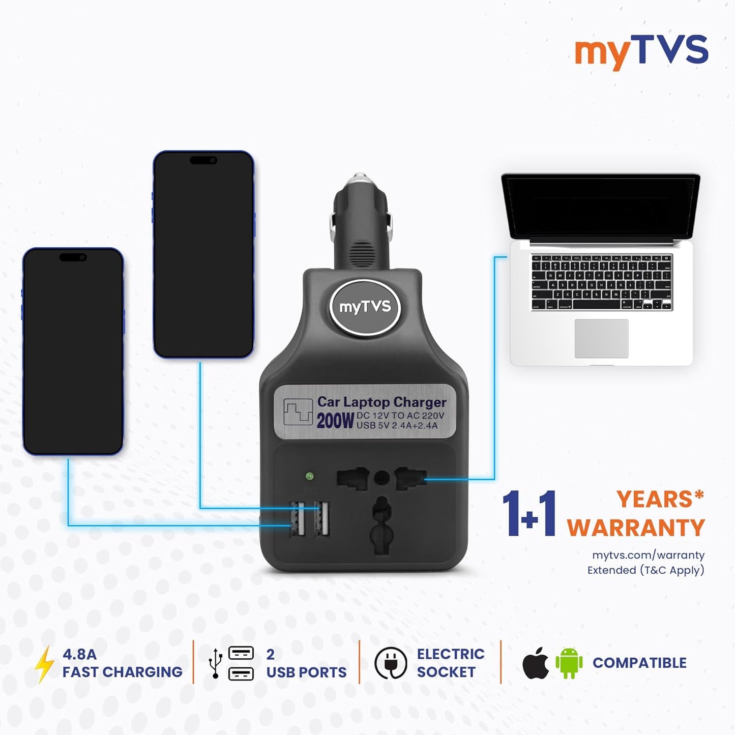 myTVS 200W Car Laptop and Mobile Charger | Power Inverter DC to AC Converter| Portable Car Charger with 2 Years Warranty| 3 in 1 Charger | Fast Charging