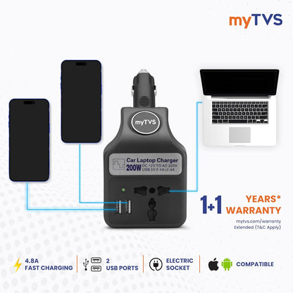 myTVS 200W Car Laptop and Mobile Charger | Power Inverter DC to AC Converter| Portable Car Charger with 2 Years Warranty| 3 in 1 Charger | Fast Charging