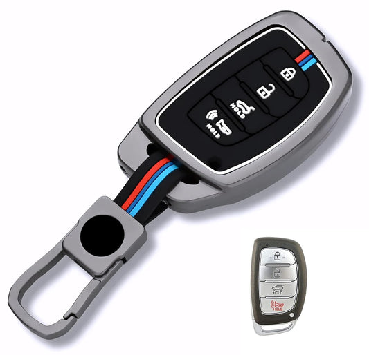 Premium Metal Key Cover Case with Keychain for Hyundai Venue, Creta, I-20, Elantra, Tucson Smart Key, 4-Button, Metallic Grey